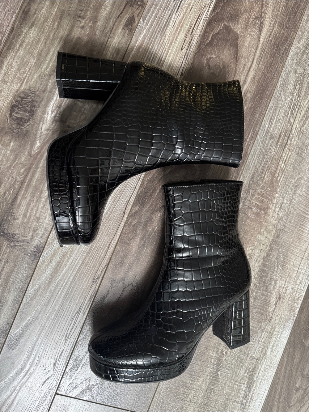 Nasty Gal Black Croc-Embossed Platform Ankle Boots - Women